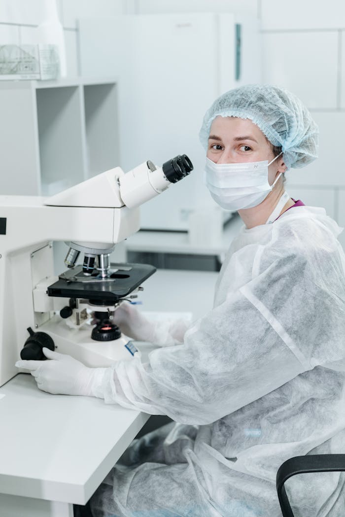 A female scientist in protective gear using a microscope in a lab setting.