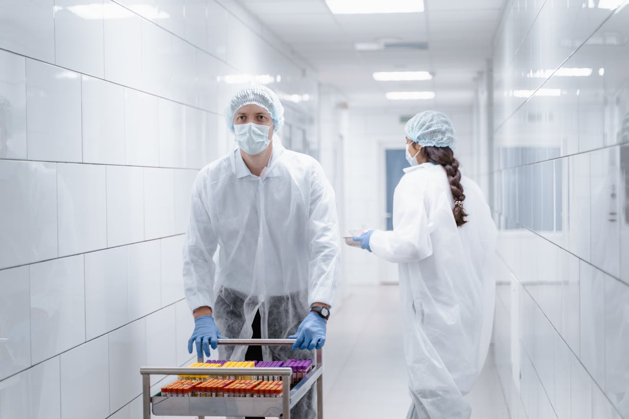 Scientists in PPE transport test samples in a lab hallway. COVID-19 safety protocols.