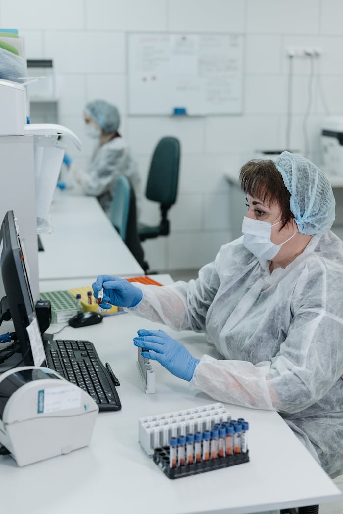 Professional female scientist in protective gear examining samples on a computer in a laboratory.